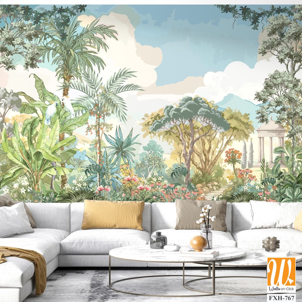 Tropical forest garden with Roman temple, tree, flower plant illustration for wallpaper [WP-FXH-767]