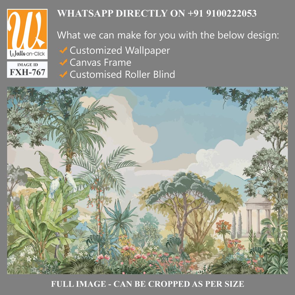 Tropical forest garden with Roman temple, tree, flower plant illustration for wallpaper [WP-FXH-767]