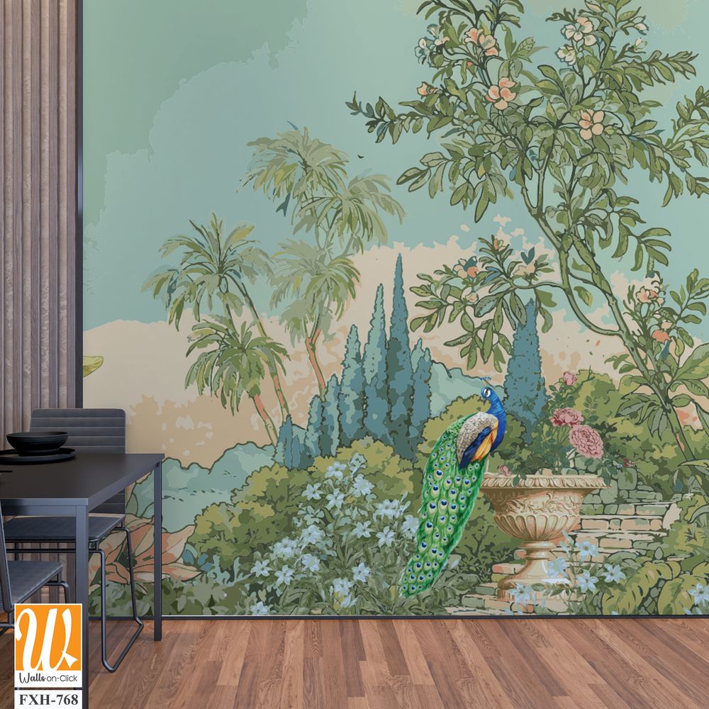 Tropical Roman garden with peacock, bird, palm tree, flower vase, plant illustration for wallpaper [WP-FXH-768]