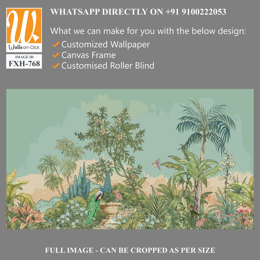 Tropical Roman garden with peacock, bird, palm tree, flower vase, plant illustration for wallpaper [WP-FXH-768]