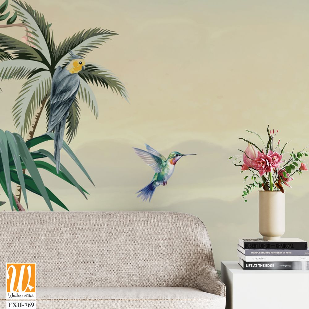 Chinoiserie Mural Wallpaper - Timeless Elegance Design, Watercolor Background, Birds. [WP-FXH-769]