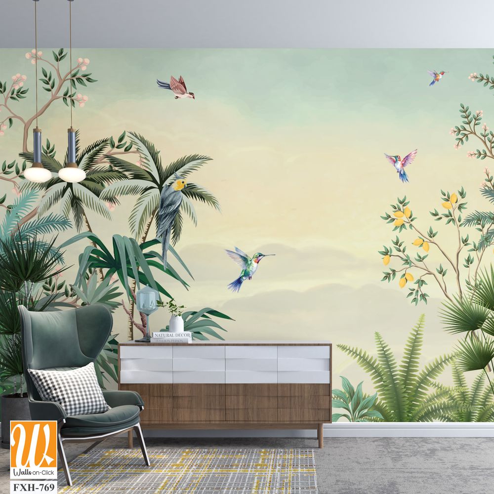Chinoiserie Mural Wallpaper - Timeless Elegance Design, Watercolor Background, Birds. [WP-FXH-769]