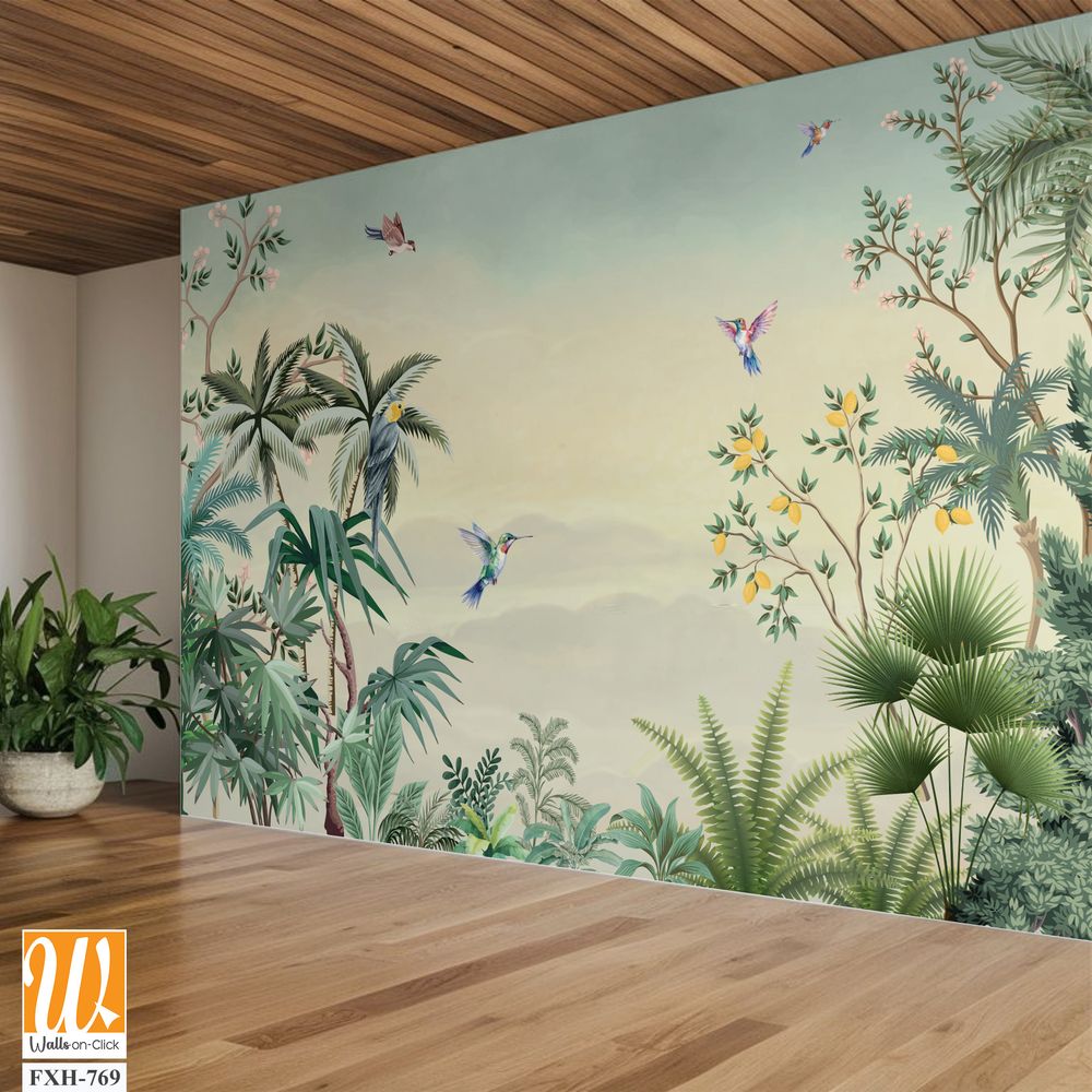 Chinoiserie Mural Wallpaper - Timeless Elegance Design, Watercolor Background, Birds. [WP-FXH-769]