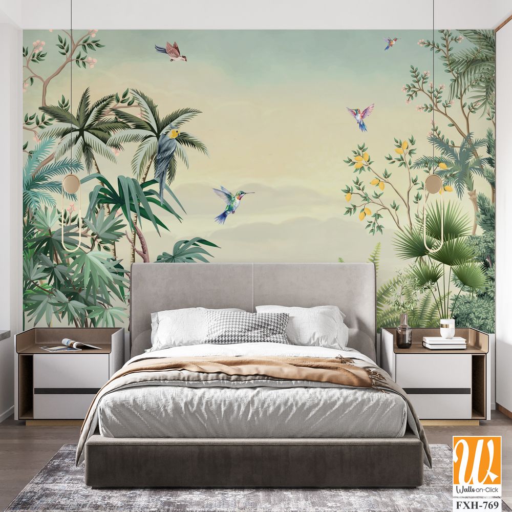 Chinoiserie Mural Wallpaper - Timeless Elegance Design, Watercolor Background, Birds. [WP-FXH-769]