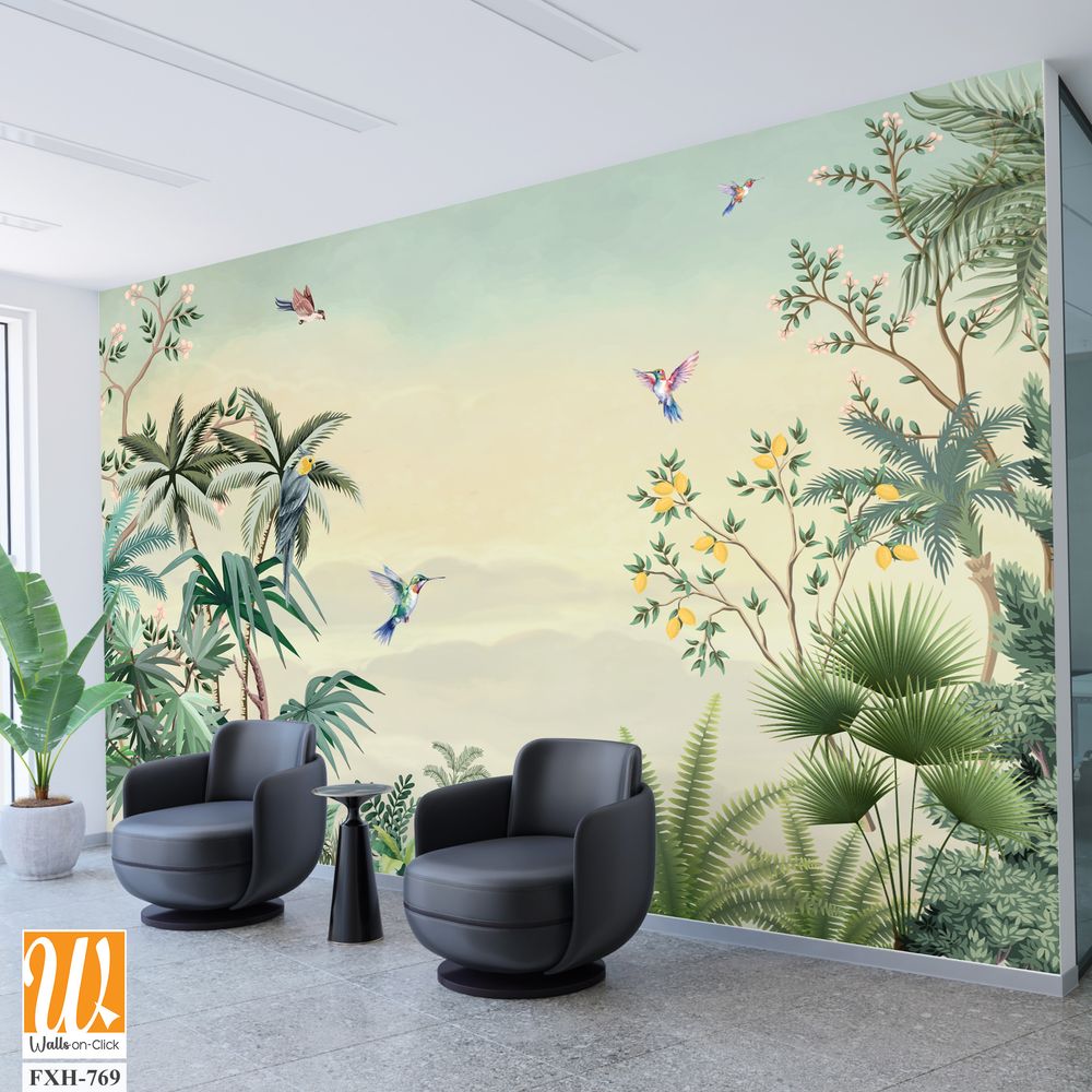 Chinoiserie Mural Wallpaper - Timeless Elegance Design, Watercolor Background, Birds. [WP-FXH-769]