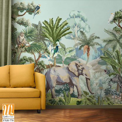 Tropical jungle Safari animals and bird illustration for mural pattern [WP-FXH-770]