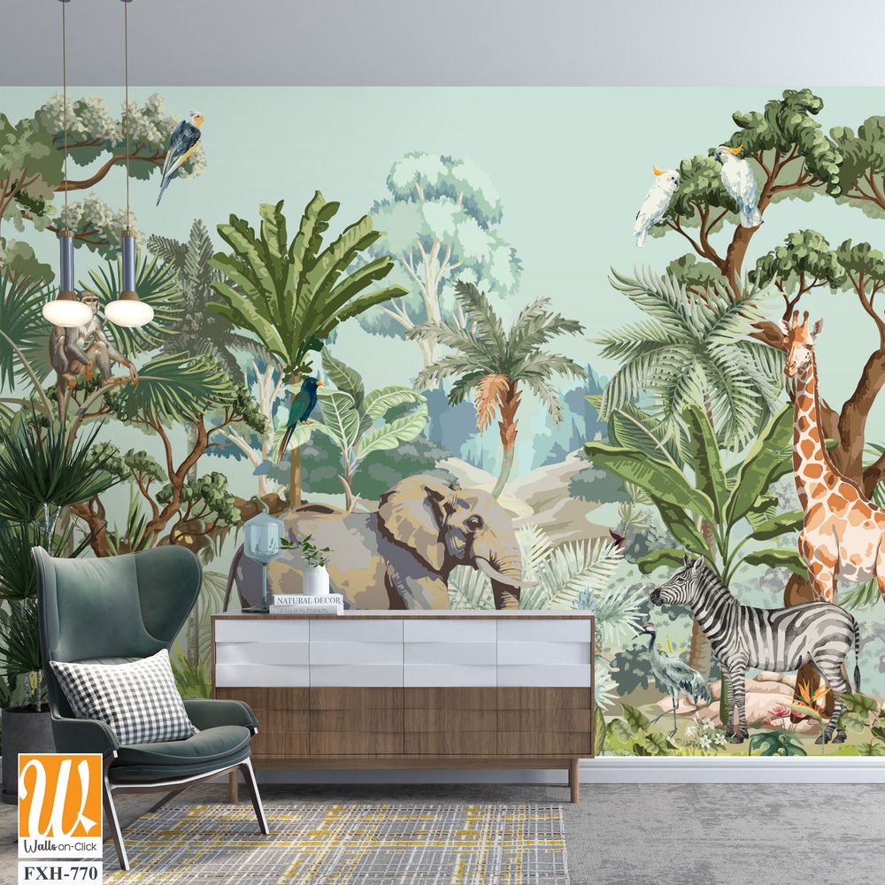 Tropical jungle Safari animals and bird illustration for mural pattern [WP-FXH-770]