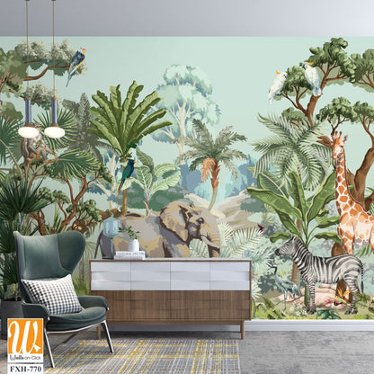 Tropical jungle Safari animals and bird illustration for mural pattern [WP-FXH-770]