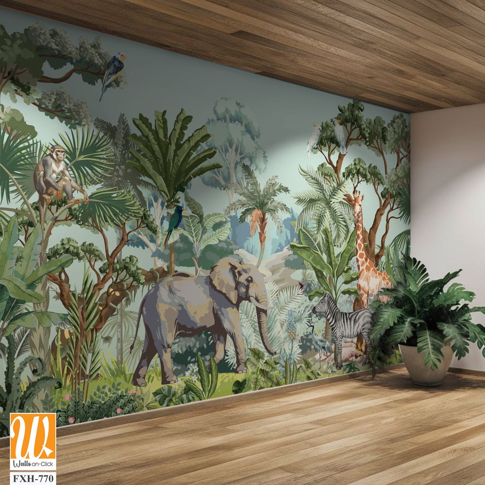 Tropical jungle Safari animals and bird illustration for mural pattern [WP-FXH-770]