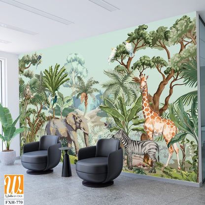 Tropical jungle Safari animals and bird illustration for mural pattern [WP-FXH-770]