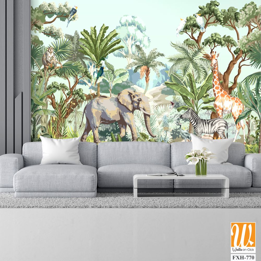 Tropical jungle Safari animals and bird illustration for mural pattern [WP-FXH-770]