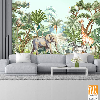 Tropical jungle Safari animals and bird illustration for mural pattern [WP-FXH-770]