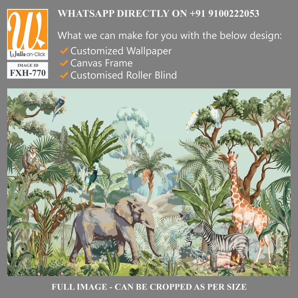 Tropical jungle Safari animals and bird illustration for mural pattern [WP-FXH-770]