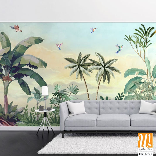 Tropical Wall Mural, Tropical Landscape Mural Design, Plam Trees, Birds, Peacock, Watercolor Background. [WP-FXH-771]