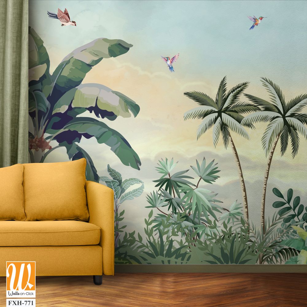 Tropical Wall Mural, Tropical Landscape Mural Design, Plam Trees, Birds, Peacock, Watercolor Background. [WP-FXH-771]