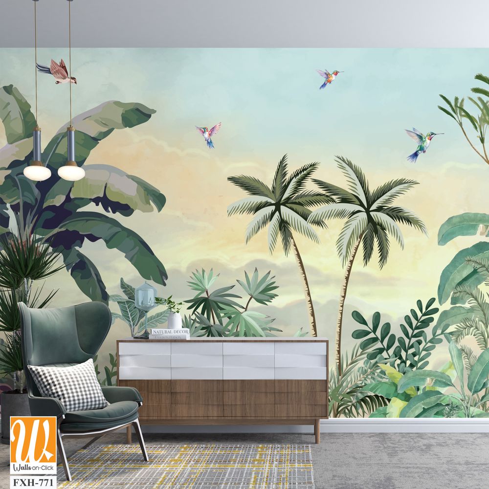 Tropical Wall Mural, Tropical Landscape Mural Design, Plam Trees, Birds, Peacock, Watercolor Background. [WP-FXH-771]
