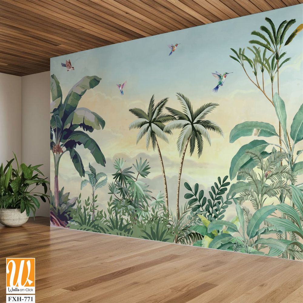 Tropical Wall Mural, Tropical Landscape Mural Design, Plam Trees, Birds, Peacock, Watercolor Background. [WP-FXH-771]