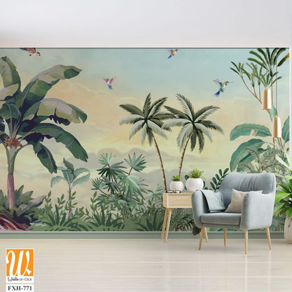 Tropical Wall Mural, Tropical Landscape Mural Design, Plam Trees, Birds, Peacock, Watercolor Background. [WP-FXH-771]