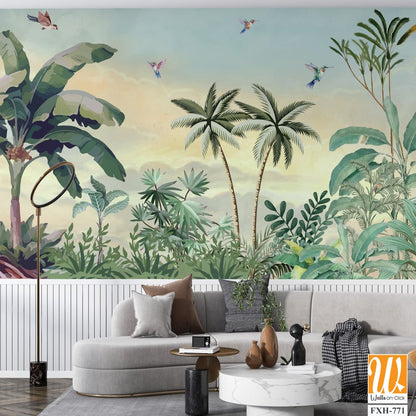 Tropical Wall Mural, Tropical Landscape Mural Design, Plam Trees, Birds, Peacock, Watercolor Background. [WP-FXH-771]