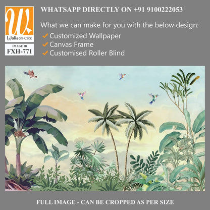Tropical Wall Mural, Tropical Landscape Mural Design, Plam Trees, Birds, Peacock, Watercolor Background. [WP-FXH-771]