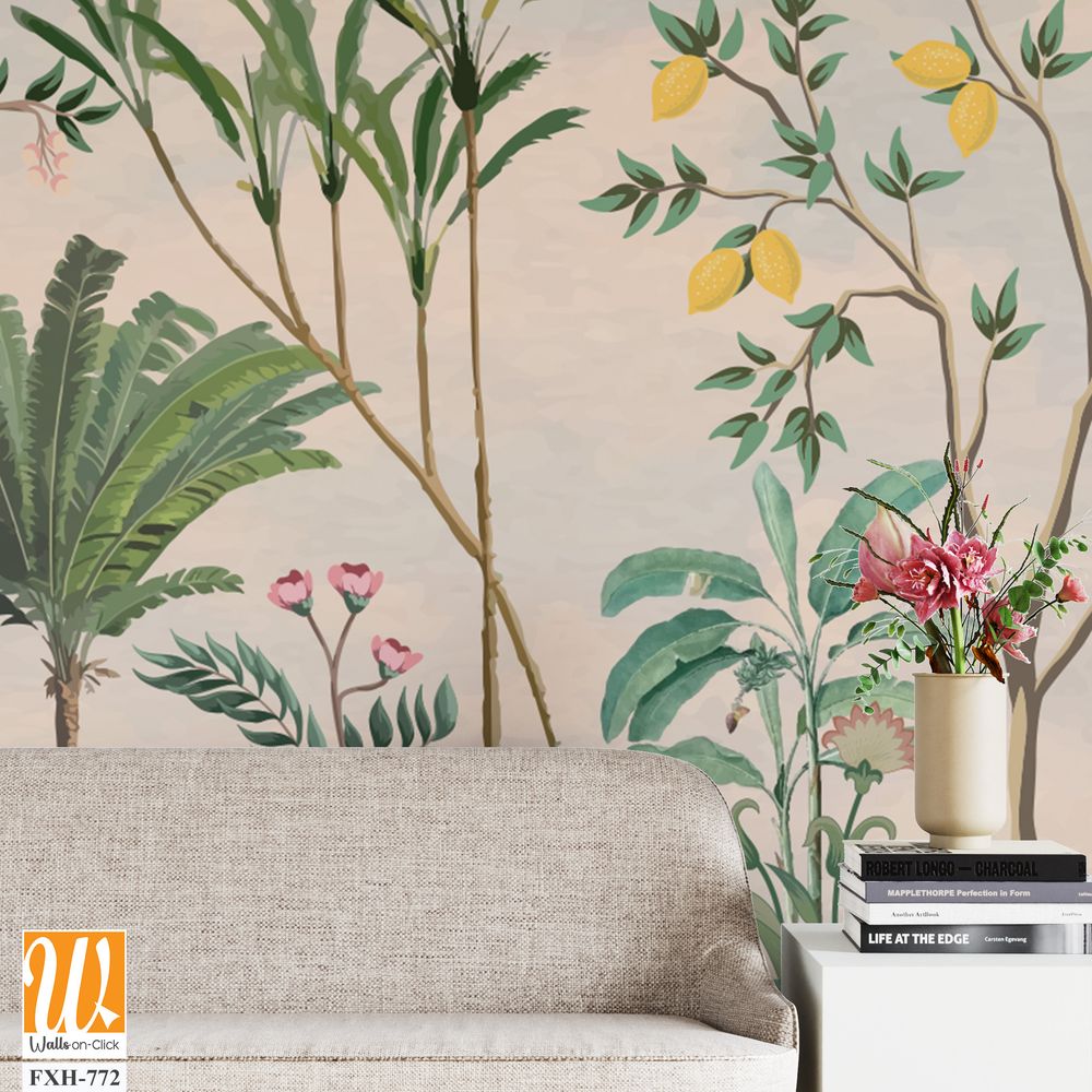 Chinoiserie Wallpaper,beautiful chinoiserie wallpaper for wall Mural, Tropical Plant, Birds, Peacock and watercolor background. [WP-FXH-772]
