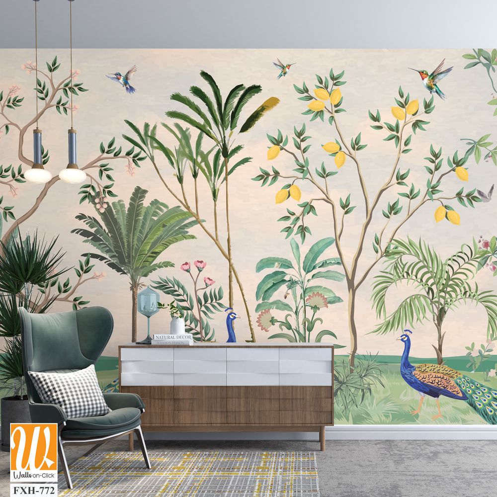 Chinoiserie Wallpaper,beautiful chinoiserie wallpaper for wall Mural, Tropical Plant, Birds, Peacock and watercolor background. [WP-FXH-772]