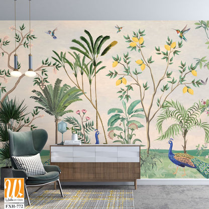 Chinoiserie Wallpaper,beautiful chinoiserie wallpaper for wall Mural, Tropical Plant, Birds, Peacock and watercolor background. [WP-FXH-772]