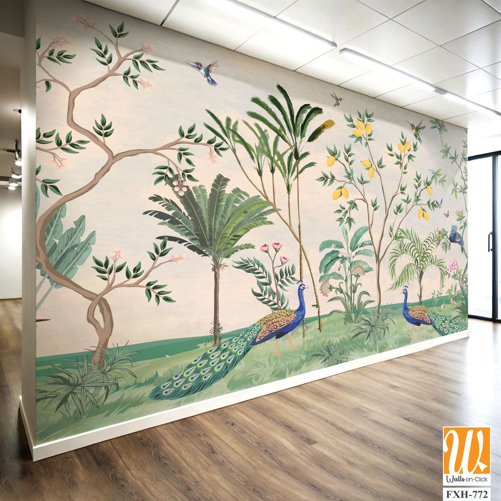 Chinoiserie Wallpaper,beautiful chinoiserie wallpaper for wall Mural, Tropical Plant, Birds, Peacock and watercolor background. [WP-FXH-772]