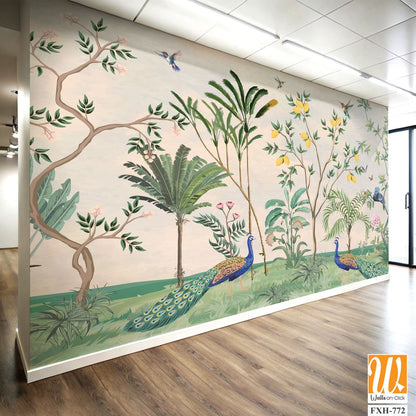 Chinoiserie Wallpaper,beautiful chinoiserie wallpaper for wall Mural, Tropical Plant, Birds, Peacock and watercolor background. [WP-FXH-772]