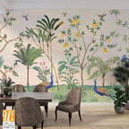 Chinoiserie Wallpaper,beautiful chinoiserie wallpaper for wall Mural, Tropical Plant, Birds, Peacock and watercolor background. [WP-FXH-772]