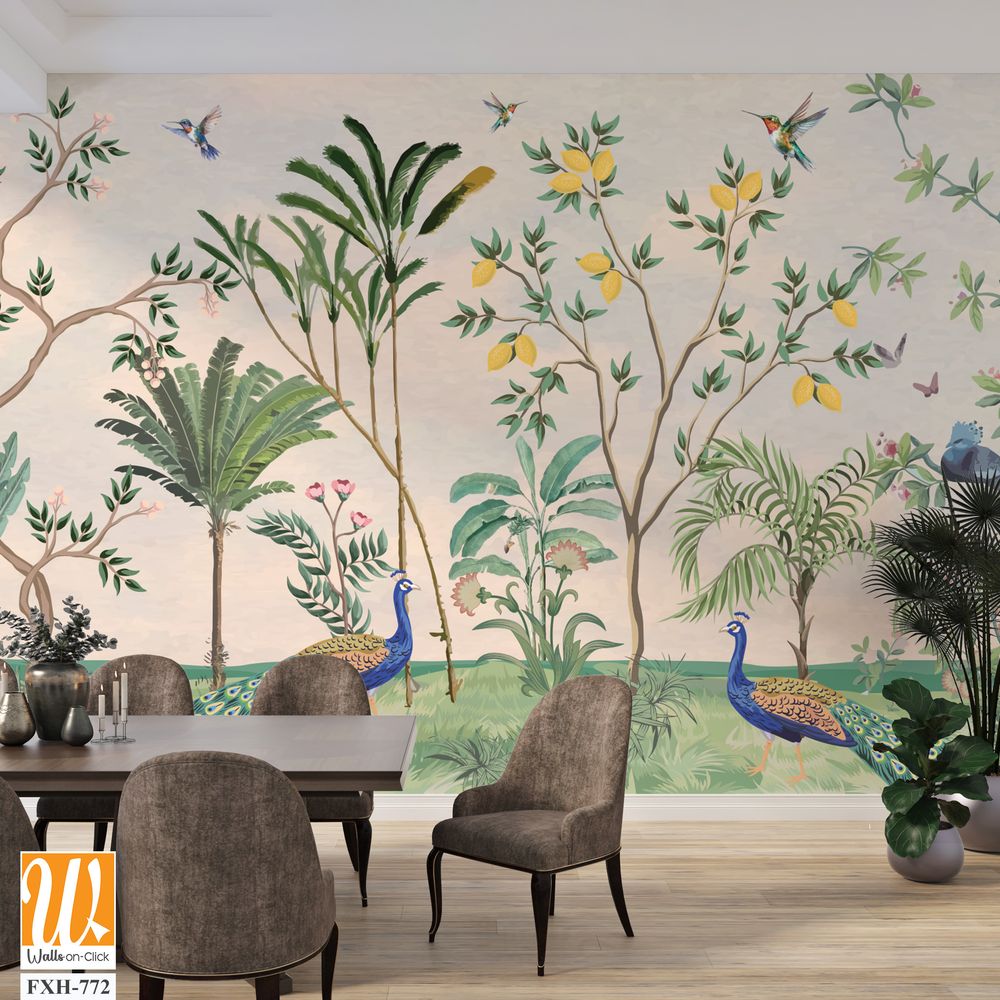 Chinoiserie Wallpaper,beautiful chinoiserie wallpaper for wall Mural, Tropical Plant, Birds, Peacock and watercolor background. [WP-FXH-772]