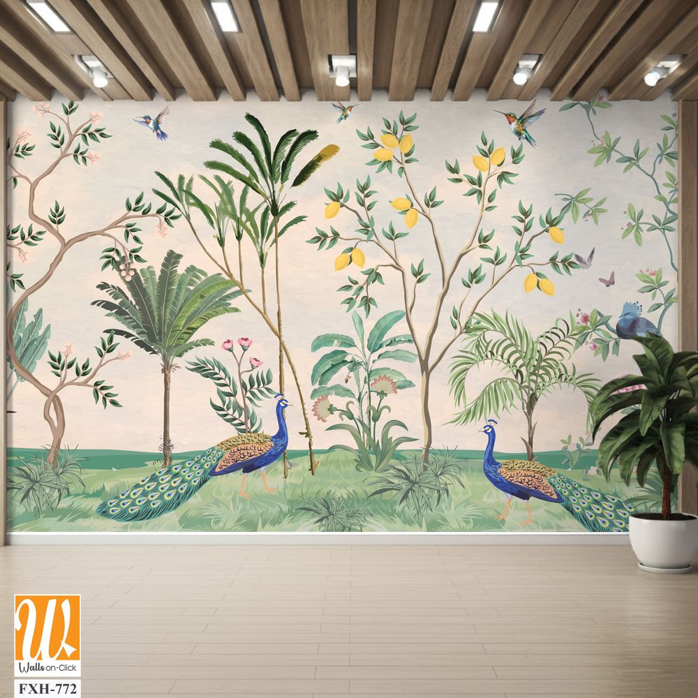 Chinoiserie Wallpaper,beautiful chinoiserie wallpaper for wall Mural, Tropical Plant, Birds, Peacock and watercolor background. [WP-FXH-772]