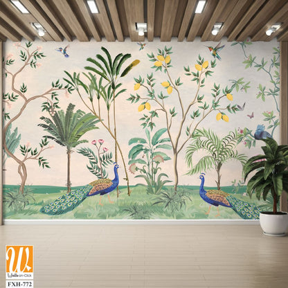 Chinoiserie Wallpaper,beautiful chinoiserie wallpaper for wall Mural, Tropical Plant, Birds, Peacock and watercolor background. [WP-FXH-772]