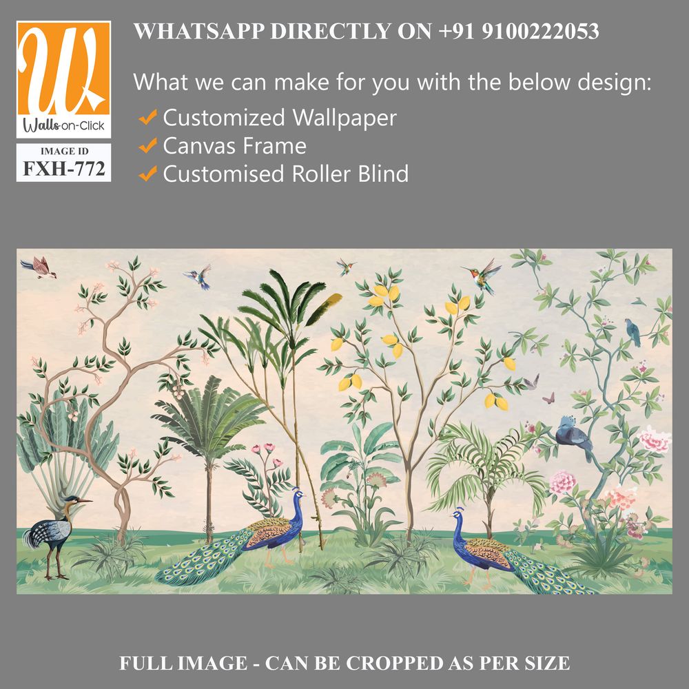 Chinoiserie Wallpaper,beautiful chinoiserie wallpaper for wall Mural, Tropical Plant, Birds, Peacock and watercolor background. [WP-FXH-772]