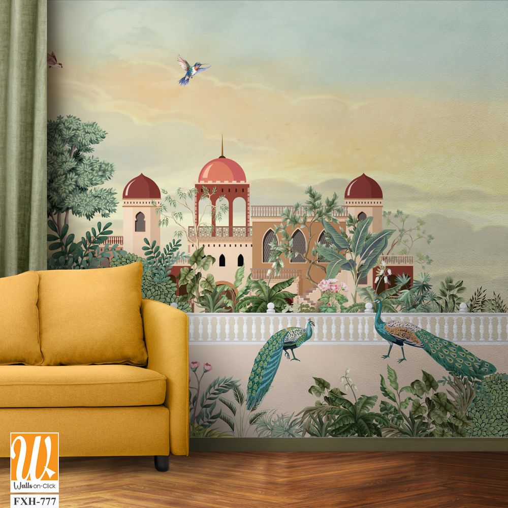 Mughal Garden Illustration, Mughal Landscape Wall Mural Design, Mural Illustration. [WP-FXH-777]