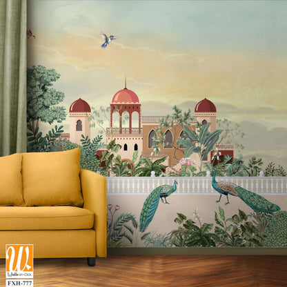 Mughal Garden Illustration, Mughal Landscape Wall Mural Design, Mural Illustration. [WP-FXH-777]