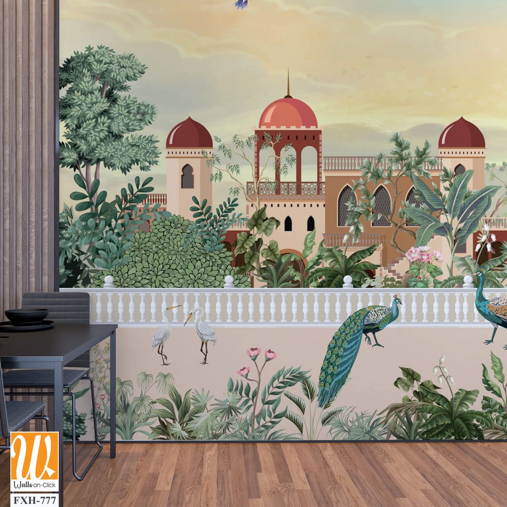 Mughal Garden Illustration, Mughal Landscape Wall Mural Design, Mural Illustration. [WP-FXH-777]