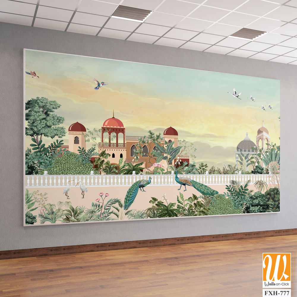 Mughal Garden Illustration, Mughal Landscape Wall Mural Design, Mural Illustration. [WP-FXH-777]