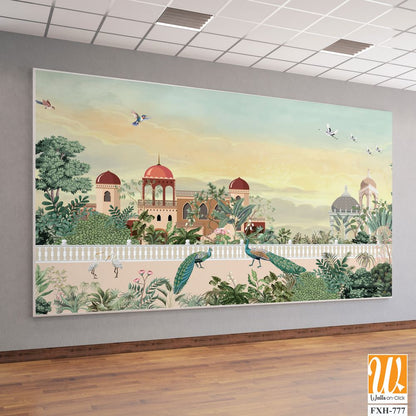 Mughal Garden Illustration, Mughal Landscape Wall Mural Design, Mural Illustration. [WP-FXH-777]
