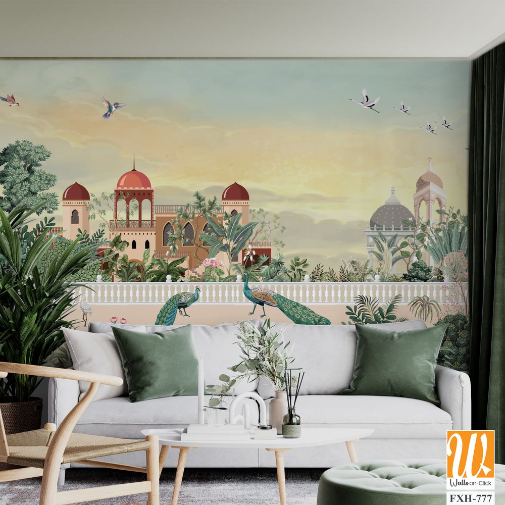 Mughal Garden Illustration, Mughal Landscape Wall Mural Design, Mural Illustration. [WP-FXH-777]