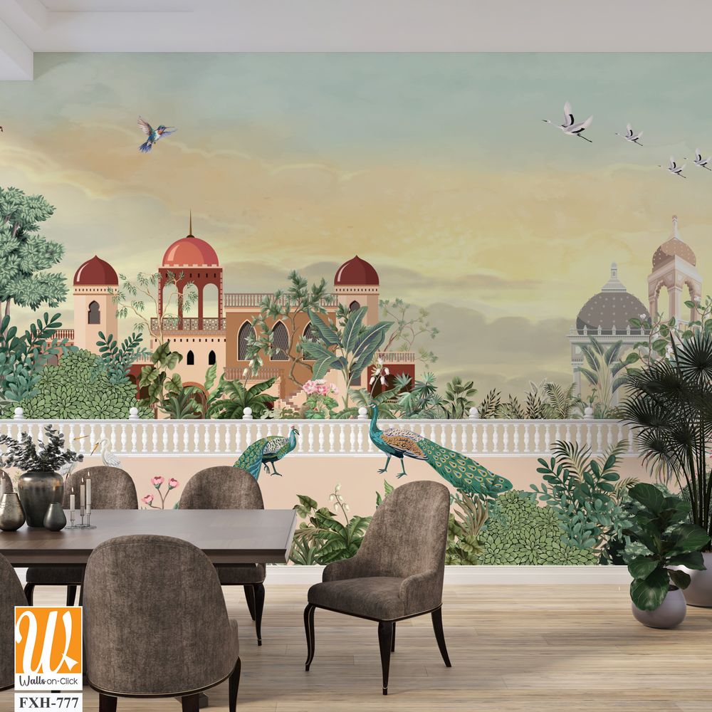 Mughal Garden Illustration, Mughal Landscape Wall Mural Design, Mural Illustration. [WP-FXH-777]