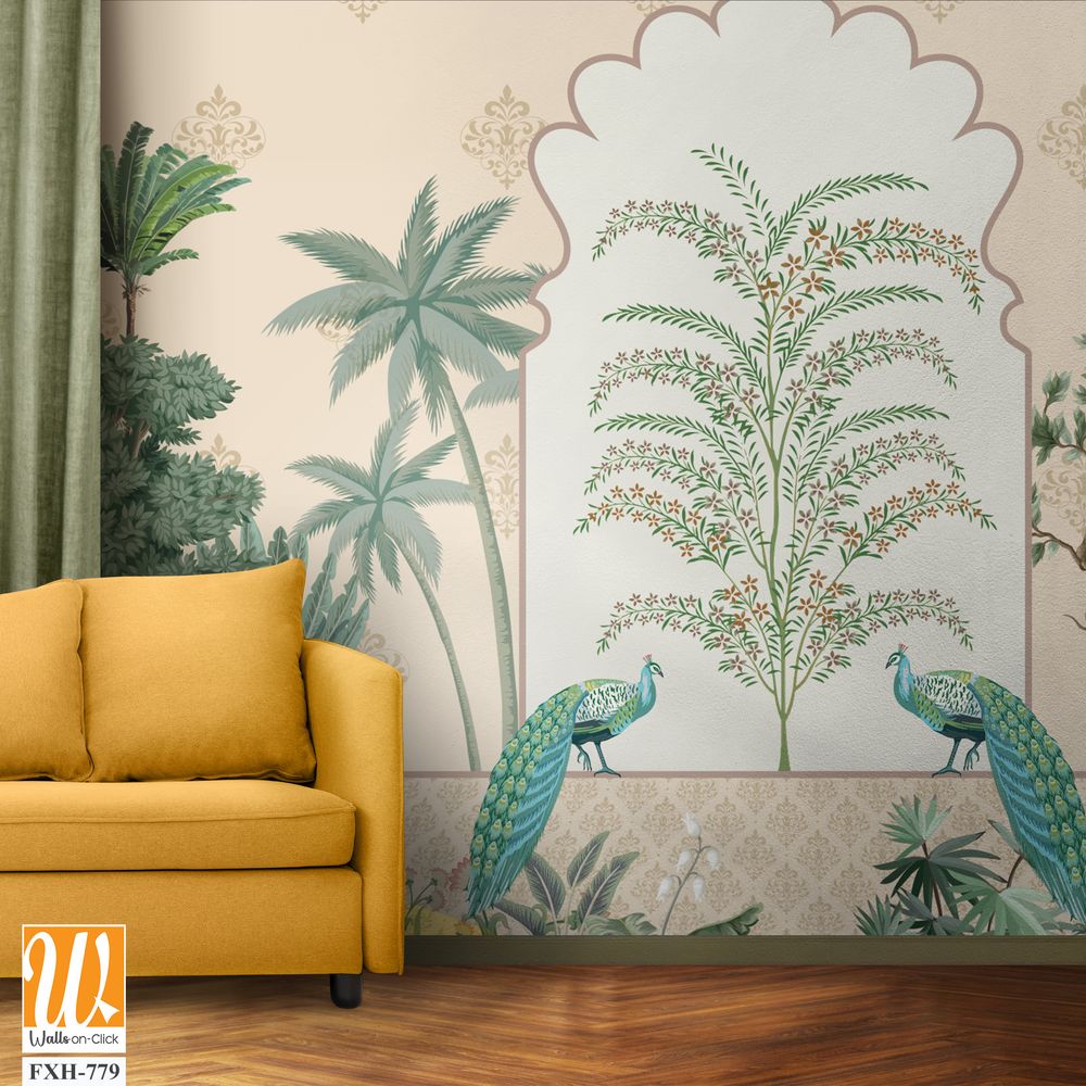 Traditional Mughal Garden Illustration, Mughal Decorative garden for wall Mural, Mughal Arch, Peacock, Watercolor Background. [WP-FXH-779]
