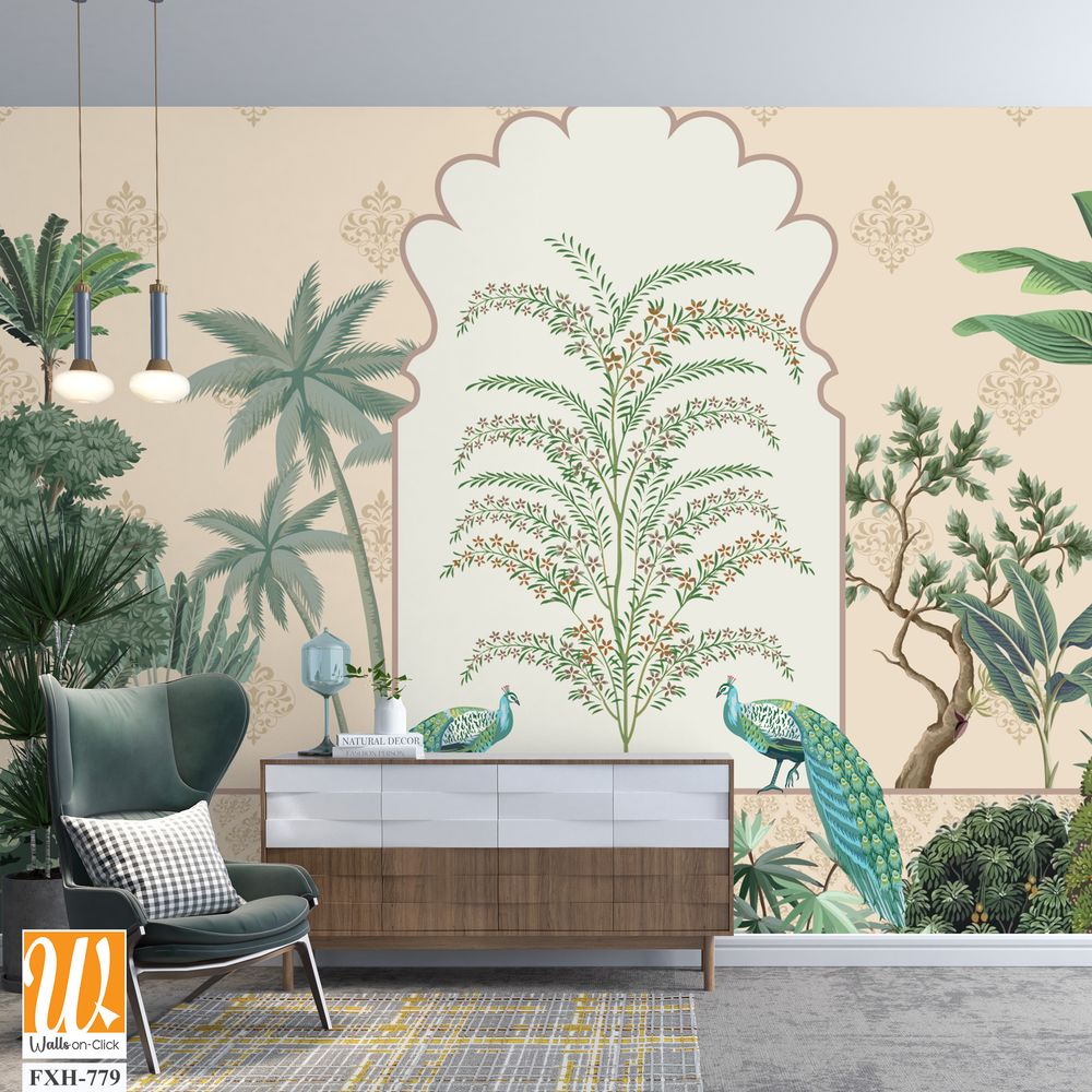 Traditional Mughal Garden Illustration, Mughal Decorative garden for wall Mural, Mughal Arch, Peacock, Watercolor Background. [WP-FXH-779]