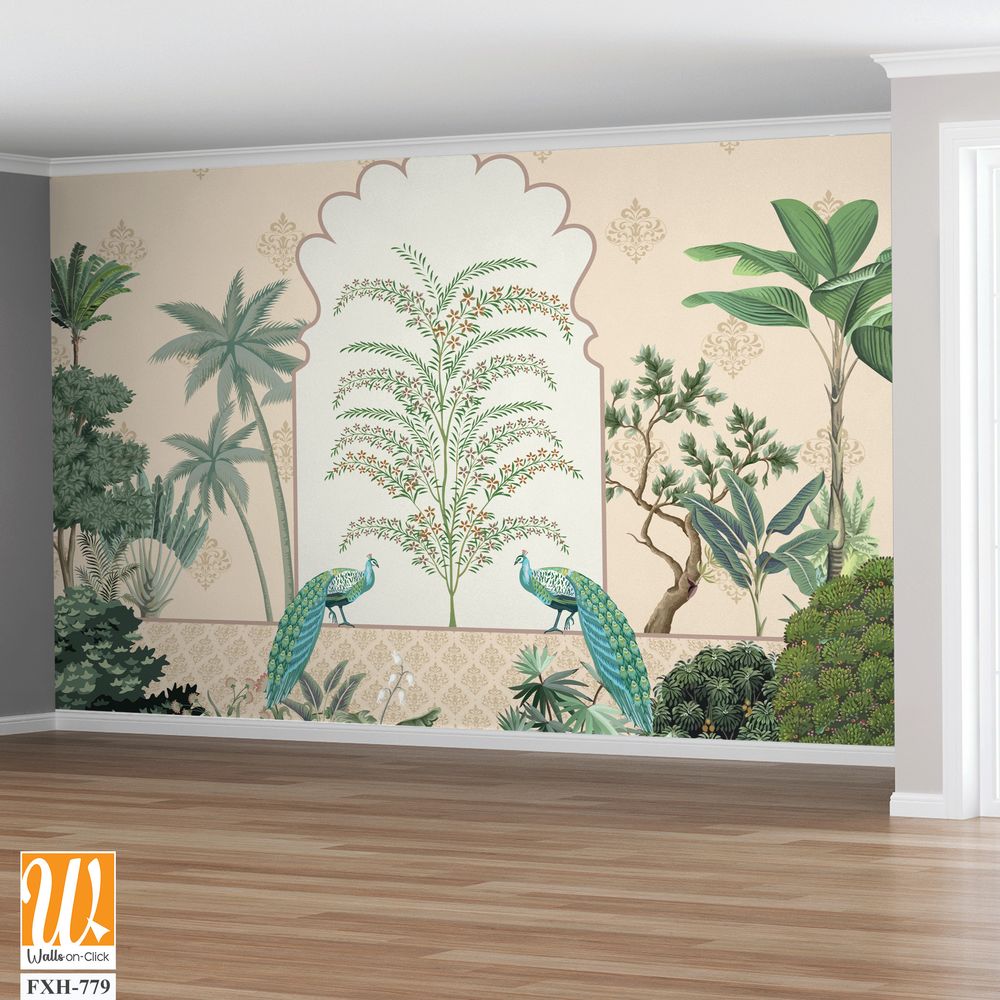 Traditional Mughal Garden Illustration, Mughal Decorative garden for wall Mural, Mughal Arch, Peacock, Watercolor Background. [WP-FXH-779]