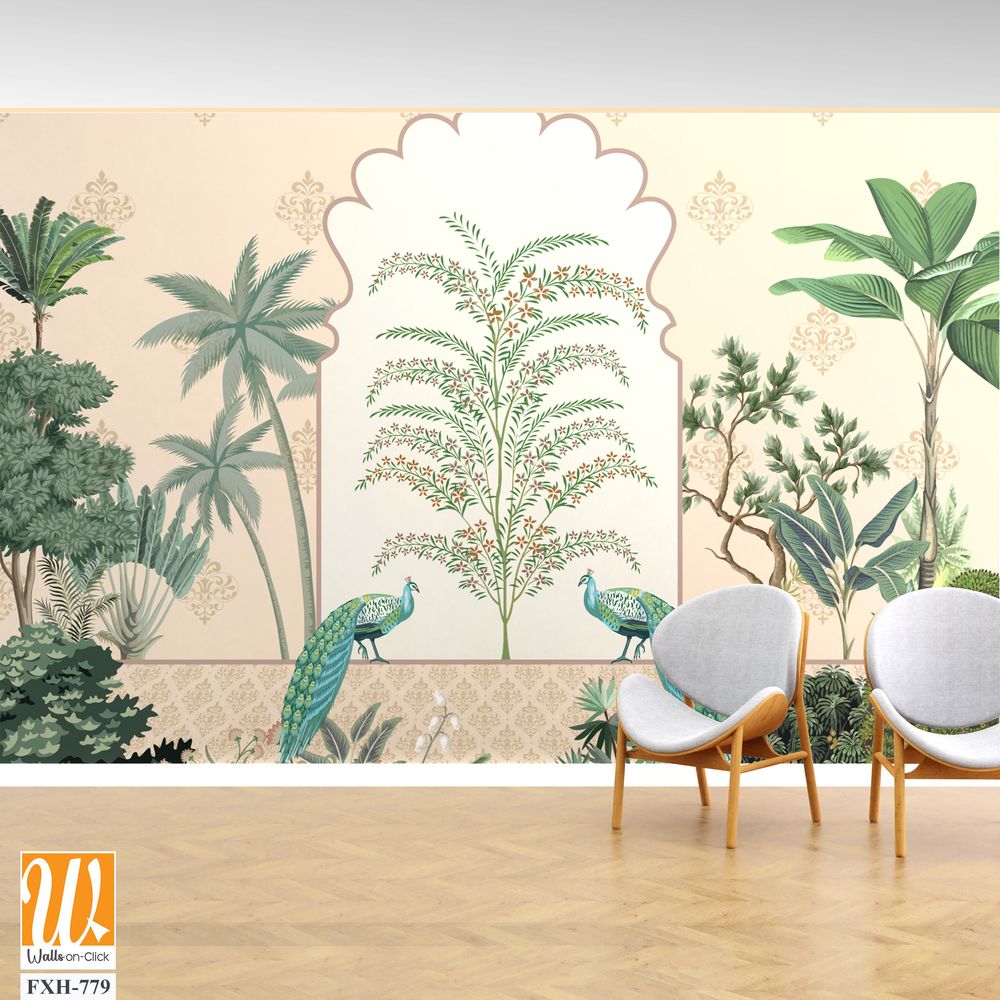 Traditional Mughal Garden Illustration, Mughal Decorative garden for wall Mural, Mughal Arch, Peacock, Watercolor Background. [WP-FXH-779]