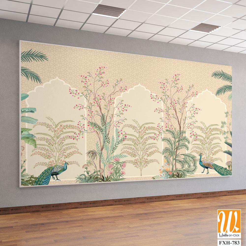 Traditional Mughal Wall Mural, Mughal Arch with Mughal Flower, Peacock, Seamless Background. [WP-FXH-783]