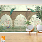 Traditional Mughal Mural Background Design, Mughal Arch with Peacock and Tropical plant, Watercolor background. [WP-FXH-784]