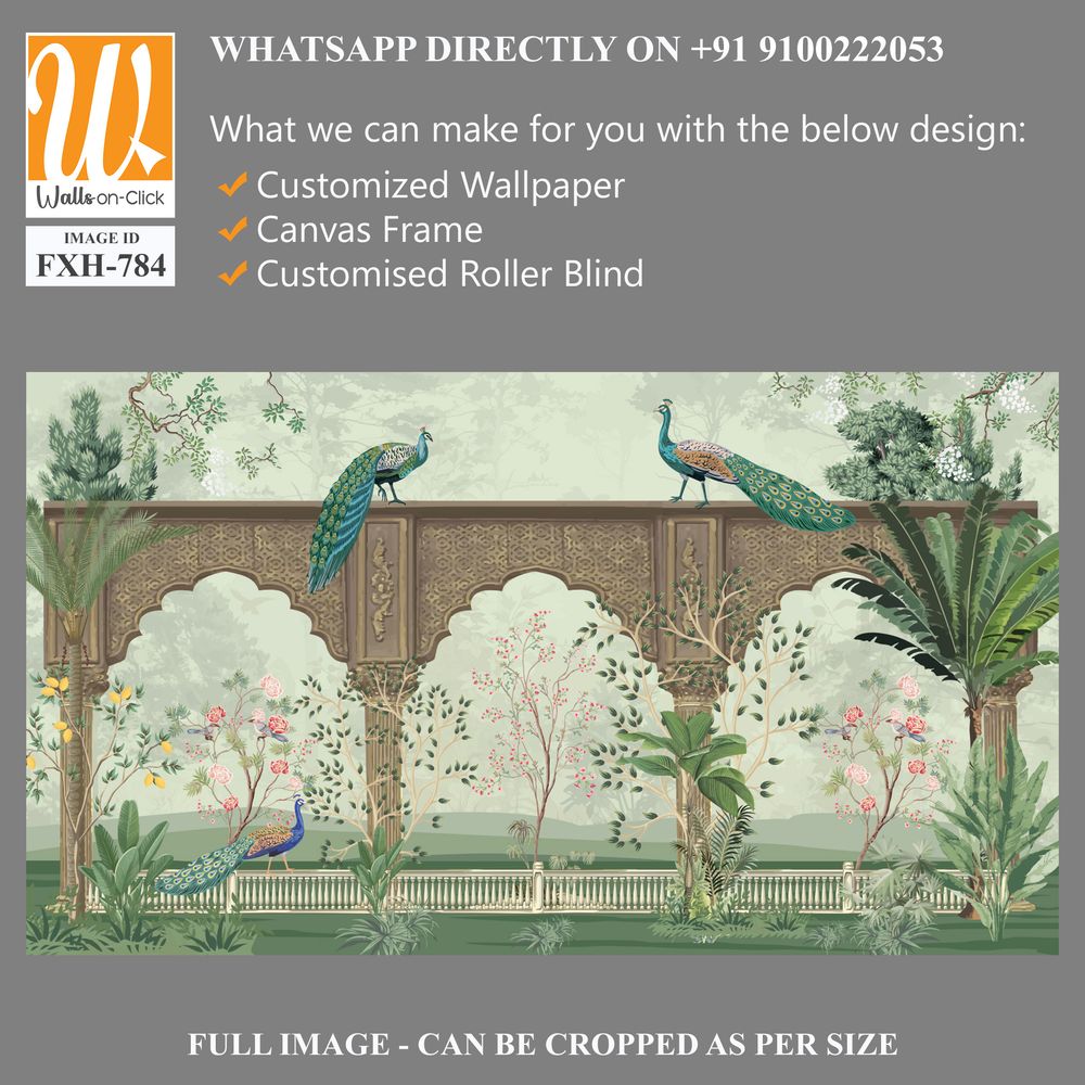 Traditional Mughal Mural Background Design, Mughal Arch with Peacock and Tropical plant, Watercolor background. [WP-FXH-784]
