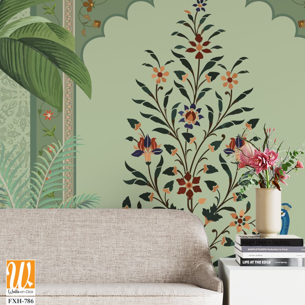 Traditional Mughal Wall Mural Wallpaper, Seamless Wallpaper Design, Mughal Arch with Flower, Peacock, Trees. [WP-FXH-786]