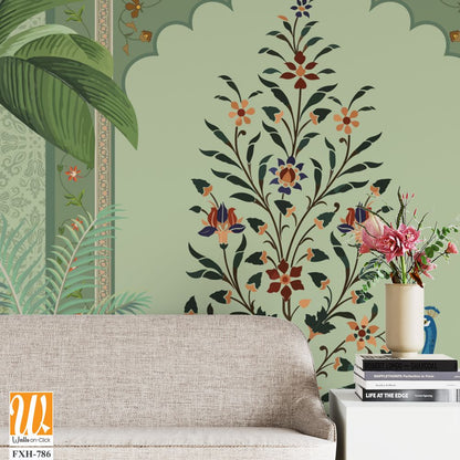 Traditional Mughal Wall Mural Wallpaper, Seamless Wallpaper Design, Mughal Arch with Flower, Peacock, Trees. [WP-FXH-786]
